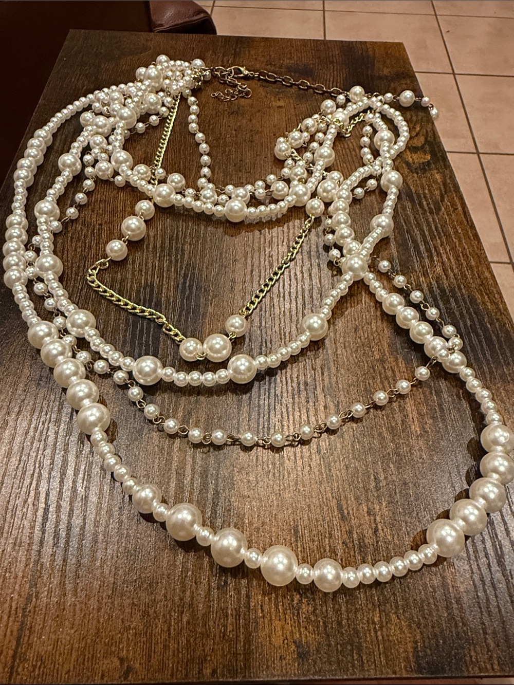 Layered White Pearl Statement Necklace with Gold Chain